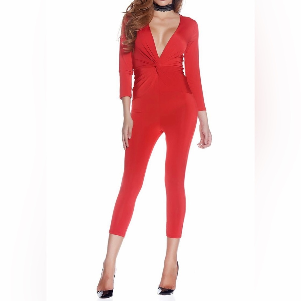 Knot Thinking About You Women Capri Jumpsuit Red Disco Party Outfit Ladies Vegas